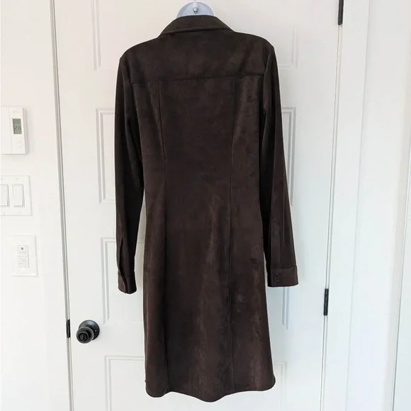 Marciano Faux Suede Button Front Dress Chocolate Brown Ruched Waist Size 6 - Picture 4 of 13